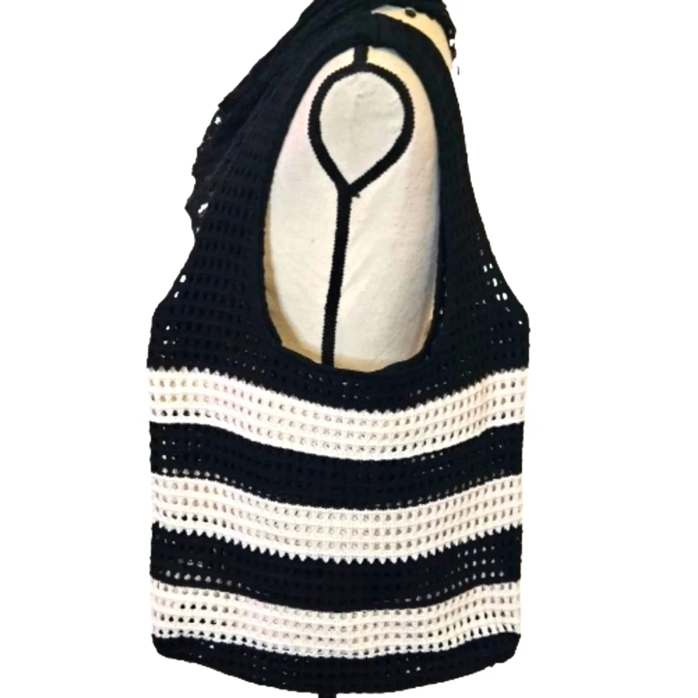 Hobo Black/Cream Stripe Crochet Knit Bohemian Tote Handbag,Large,NWOT